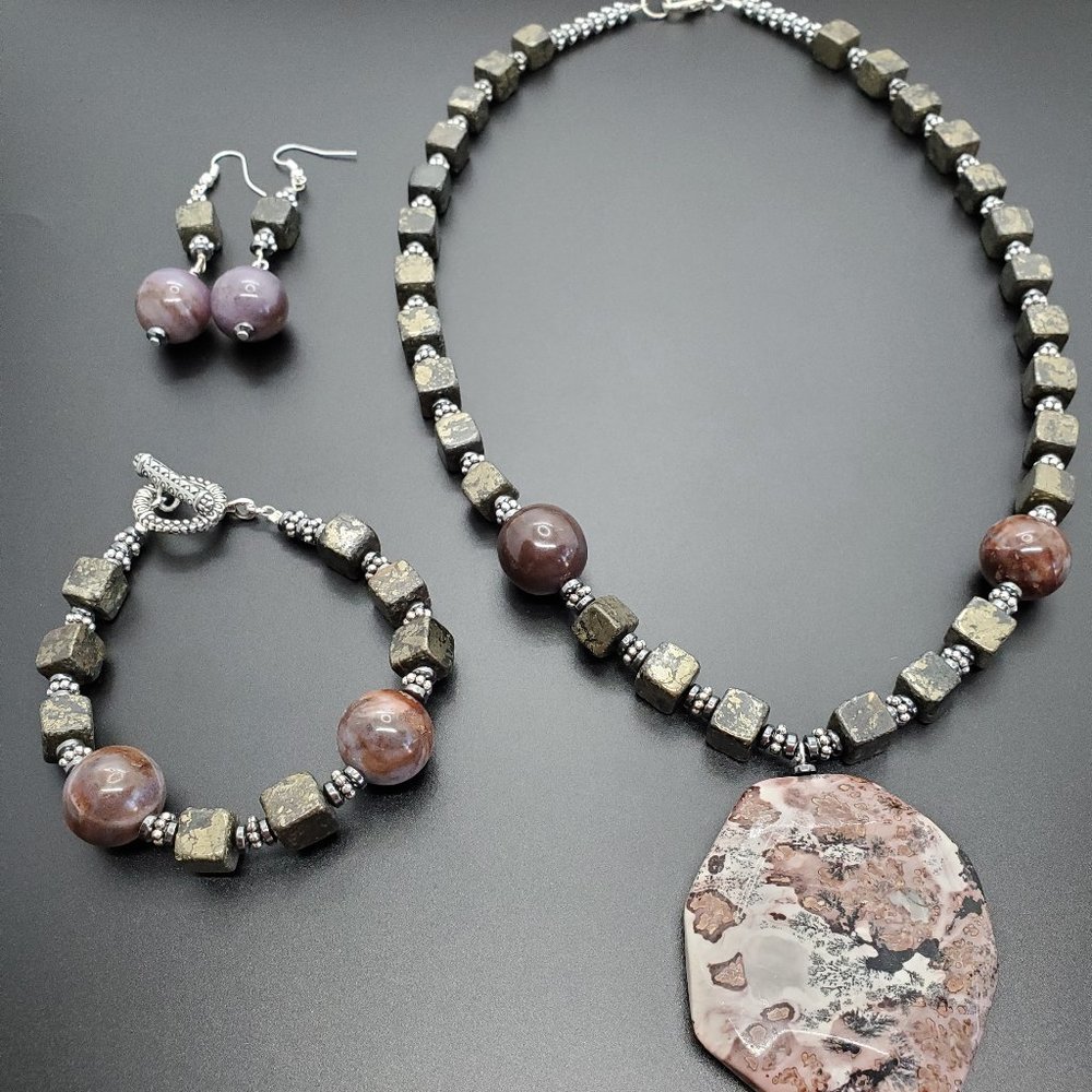 hand-made, multi stone jewelry set with large picture jasper focal,